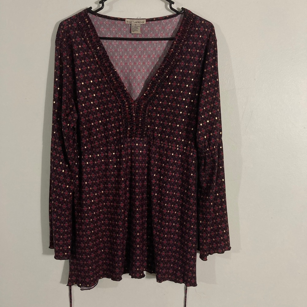 Susan Lawrence Tunic Top Womens XL Burgundy  Gold Foil Star Print BOHO